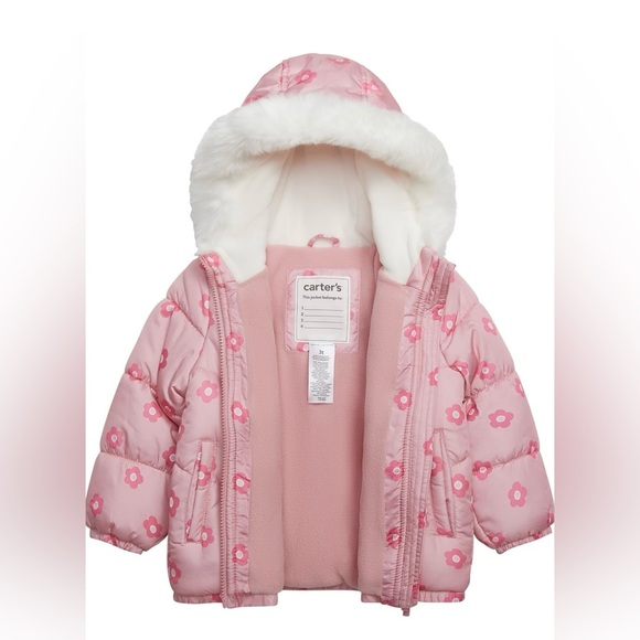 Carter's girls 2pc Snowsuit Faux Fur Trimmed Hooded Puffer Jacket & Ski Bib Set - Picture 8 of 11